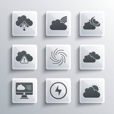 Şimşek, güneş ve bulut havası, bulut, kasırga, hava tahmini, fırtına uyarısı, kar ve ay ikonu ayarlayın. Vektör