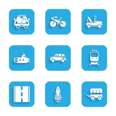 Hatchback arabası, ateşli roket gemisi, Vahşi Batı 'ya bağlı vagon, tren ve tren yolu, yol, denizaltı, çekici ve araba ikonu. Vektör