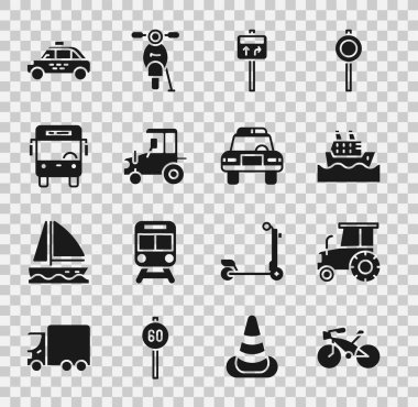 Bisiklet, traktör, yolcu gemisi, trafik levhası, otobüs, taksi arabası, polis ve teşhirci ikonu ayarlayın. Vektör