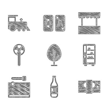 Ağaç, su şişesi, kağıt para yığını, satış makinesi, atari salonu, lolipop, bilet gişesi ve oyuncak tren ikonu. Vektör