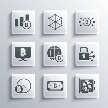 Kripto para birimi bitcoin, Video grafik kartı, Lock with, Globe Bitcoin, clock, Pie grafik bilgisini ve devre simgesini ayarla. Vektör