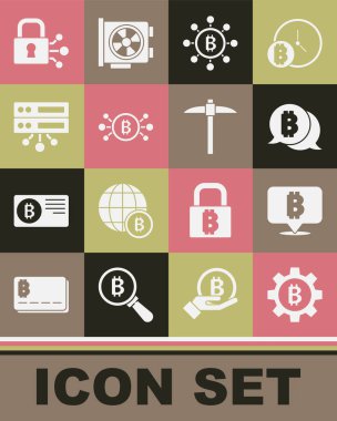 Şifreli Para Bitcoin, Blokchain teknolojisi, devre, sunucu, Kilit ve bitcoin ve Kazma simgesini ayarla. Vektör