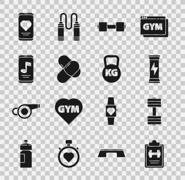 Spor eğitim programı, Dumbbell, Spor beslenme, müzik çalar, kalp atış hızı ve Kettlebell ikonu olan mobil. Vektör