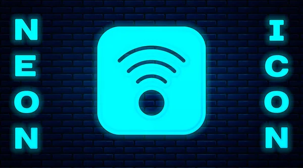 Leuchtendes neonfarbenes Symbol des drahtlosen Internet-Netzwerks Wi-Fi isoliert auf dem Backsteinhintergrund. Vektor — Stockvektor
