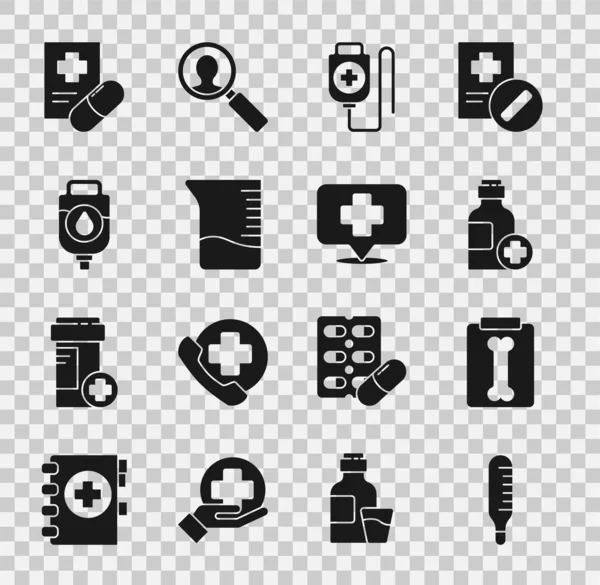 Set medische thermometer, röntgenfoto 's, flesje geneesmiddelsiroop, infuuszak, maatbeker, recept en kaartaanwijzer met kruisziekenhuispictogram. Vector — Stockvector