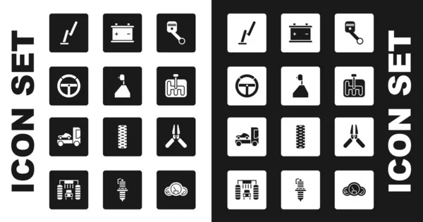 Set Motorkolben, Schalthebel, Lenkrad, Scheibenwischer, Autobatterie, Jumper-Netzkabel und Transporter-LKW-Symbol. Vektor — Stockvektor