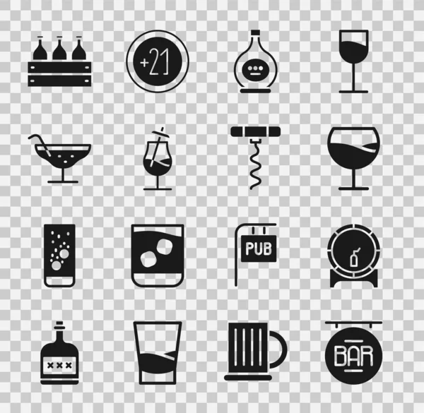 Set Straßenschild mit Bar, Holzfass auf Rack, Weinglas, Flasche Cognac oder Schnaps, Cocktail, Flaschen Wein Holzkiste und Korkenzieher Symbol. Vektor — Stockvektor
