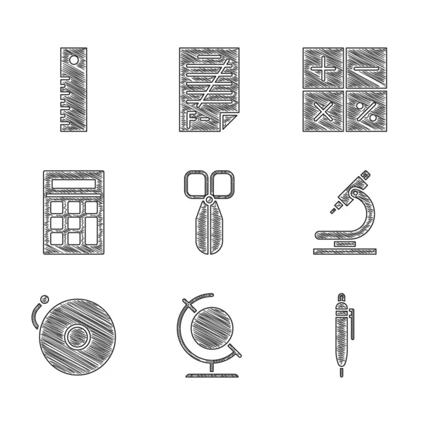 はさみ、地球、ペン、顕微鏡、リングアラームベル、計算機、および定規のアイコンを設定します。ベクトル — ストックベクタ