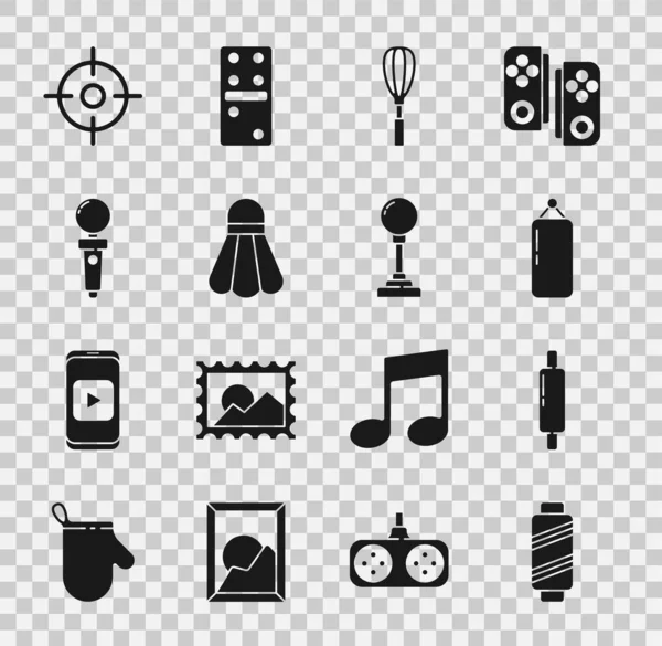 Set naaigarens op spoel, Rolling pin, Bokszak, Keukengarde, Badminton shuttlecock, Joystick voor arcade machine, Doelsport en icoon. Vector — Stockvector