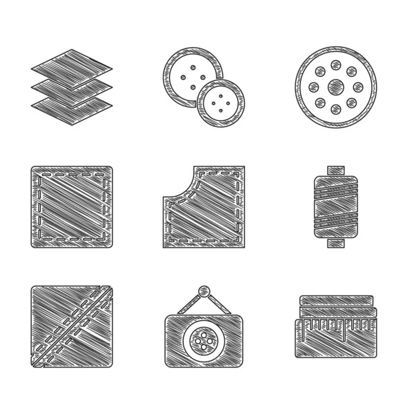 Set patrón de costura, sastrería, cinta métrica, hilo, botón y capas icono textil ropa. Vector — Archivo Imágenes Vectoriales