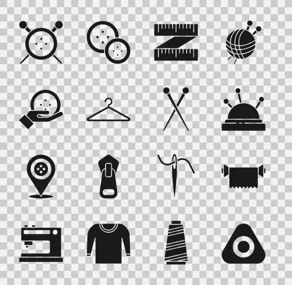 Set Sewing chalk, Textile fabric roll, Needle bed and needles, Tape measure, Hanger wardrobe, button, knitting and Knitting icon. Vector — Stock Vector