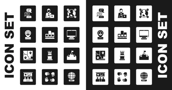 Définir l'emplacement sur le globe, Classement des étoiles, Localisation des travailleurs, Chat à bulles vocales, Moniteur d'ordinateur, Homme d'affaires, Montagnes avec drapeau et icône de carte pliée. Vecteur — Image vectorielle