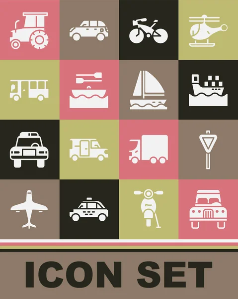 Set Voiture, Panneau de signalisation routière, Navire de charge avec boîtes, Vélos, Rames de bateau, Bus, Tracteur et Yacht icône voilier. Vecteur — Image vectorielle