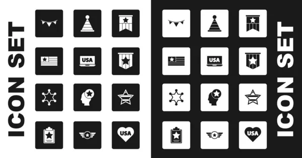 Amerikanische Flagge, USA auf Laptop, Karnevalsgirlanden mit Fahnen, Parteihut, Unabhängigkeitstag und Hexagramm-Sheriff-Symbol. Vektor — Stockvektor