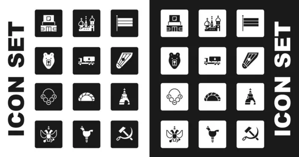 Set bandiera nazionale della Russia, camion cisterna, testa di orso, Mausoleo di Lenin, caviglie, Cattedrale di San Basilea, La campana zar e icona bagel russi. Vettore — Vettoriale Stock
