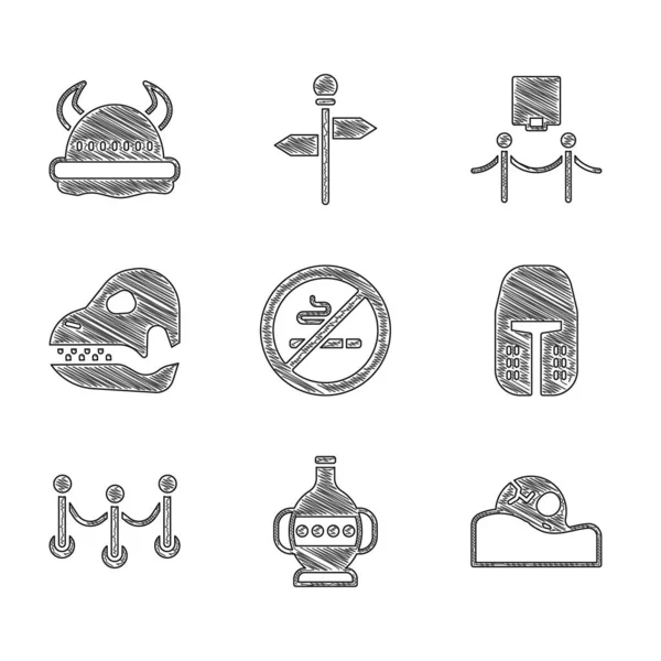 Set No Smoking, ânforas antigas, crânio humano, capacete de ferro medieval, barreira de corda, dinossauro, imagem e corda e ícone de chifre viking. Vetor — Vetor de Stock