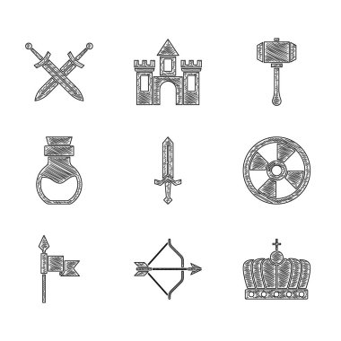 Ortaçağ kılıcı, yay ve oku, kral tacı, yuvarlak tahta kalkan, mızrak, zehirli şişe, çekiç ve çapraz ortaçağ ikonu. Vektör
