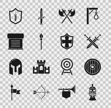 Ortaçağ demir kaskı, yuvarlak ahşap kalkan çapraz ortaçağ kılıcı, baltalar, mızraklar, ferman, parşömen, parşömen, parşömen ve kalkan simgesi. Vektör