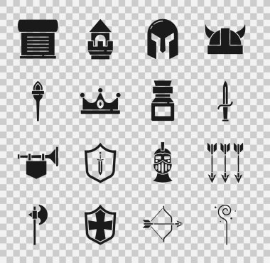 Sihirli değnek, çapraz oklar, hançer, ortaçağ demir miğferi, kral tacı, meşale alevi, ferman, parşömen, parşömen ve zehirli şişe ikonu. Vektör