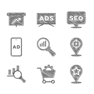 Büyüteci ve analizi ayarla, alışveriş arabası, yıldız, hedef sporu, reklamcılık, SEO optimizasyon ve pano grafik simgesi ile harita işaretleyicisi. Vektör