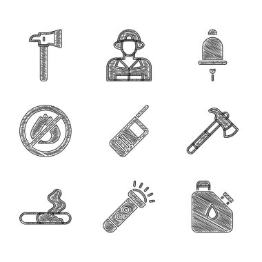 Telsiz, el feneri, teneke yakıt, itfaiyeci baltası, sigara, yangın yok, alarm zili ve ikon çal. Vektör