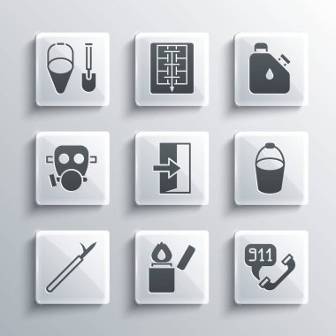 Çakmak, Telefon 911 'i, Yangın Kovası, çıkış, Metal mızrak direği, Gaz maskesi, kürek ve bidon yakıt ikonu. Vektör
