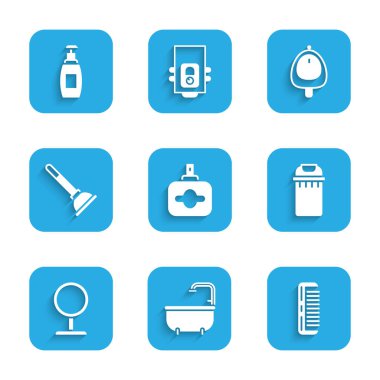 Parfüm, küvet, saç fırçası, çöp tenekesi, yuvarlak makyaj aynası, lastik pompa, tuvalet sidiği ve bir şişe sıvı sabun ikonu. Vektör