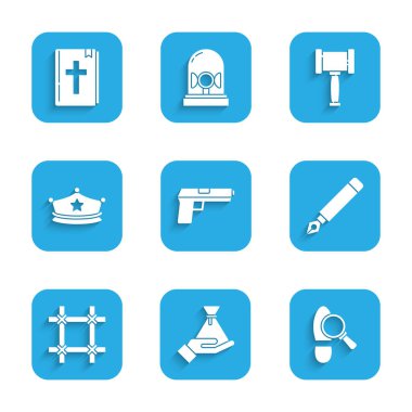 Tabanca ya da silah, rüşvet çantası, ayak sesleri, dolmakalem ucu, hapishane penceresi, polis şapkası, yargıç tokmağı ve kutsal İncil ikonu. Vektör