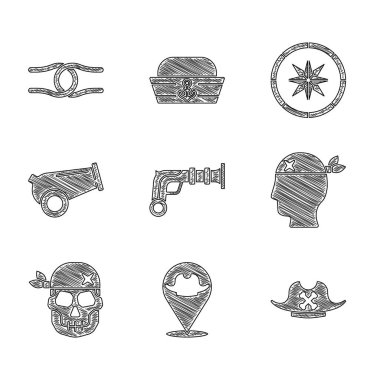 Klasik tabancalar, korsan konumu, korsan şapkası, kaptan, Kafatası, Top, pusula ve ip düğüm simgesi. Vektör