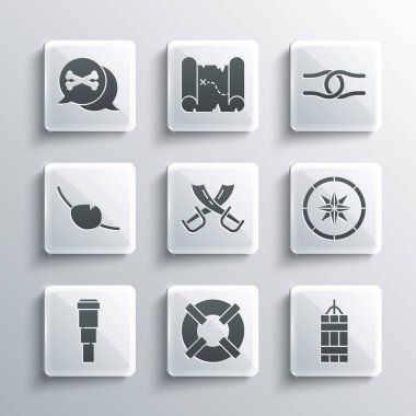 Lifebuoy, Dynamite bombası, pusula, çapraz korsan kılıcı, Spyglass teleskop lensi, korsan göz bandı, düğüm simgesine bağlanmış yer ve ip ayarla. Vektör