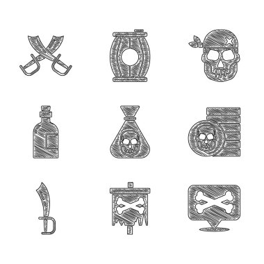 Korsan parası, bayrak, yer korsanı, kılıç, alkol içeceği rom, Kafatası ve Çapraz Kılıç ikonu. Vektör