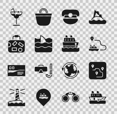 Seyir gemisi, rota, gemi yolu, Kaptan şapkası, köpekbalığı yüzgeci okyanus dalgası, bavul, kokteyl ve ikon. Vektör