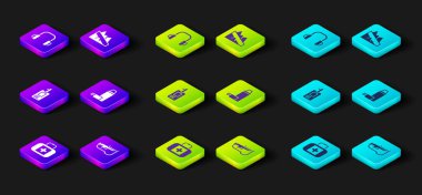 İlk yardım çantasını, Biatlon tüfeğini, kimlik kartını, termos kutusunu, dağ inişini ve kış kulaklığı ikonunu ayarlayın. Vektör