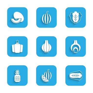 Soğan, karpuz, lahana, ananas, dolma biber ve kavun meyvesi ikonu. Vektör