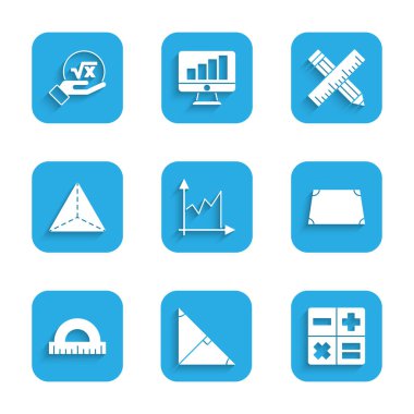 Grafik, grafik, diyagram, üçgenin açı ortay, hesap makinesi, akut trapezoid şekil, açıölçer, Geometrik figür Tetrahedron, çapraz cetvel ve kalem ve kare kök x şekil simgesini ayarla. Vektör