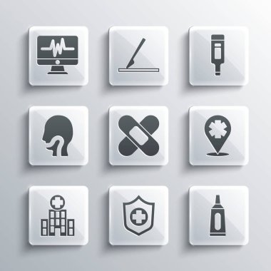 Hayat sigortası, merhem kremi tüpü, çapraz hastaneli konum, çapraz bandaj bandı, tıbbi bina, boğaz ağrısı, monitör kardiyogram ve dijital termometre ikonu. Vektör