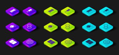 Tekstil kumaş rulosunu, dikiş düğmesini örgü iğneli iplik topunu, manken ve iplik makarası simgesini ayarla. Vektör