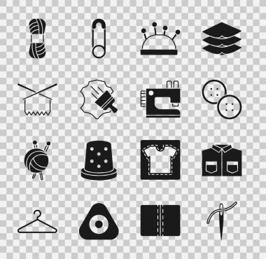 İğneyi iplik, gömlek, dikiş düğmesi, yatak ve iğneler, deri, örgü, iplik ve makine simgesi ile ayarla. Vektör