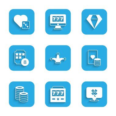 Joker iskambil kağıdı, büyük ikramiyeli kumar makinesi, kumarhane slot yoncası, fiş ve kart, fiş, tombala, Diamond and Game zar ikonu. Vektör