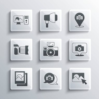 Fotoğraf makinesini ayarlayın, rötuşlama, flaş, çerçeve ve simge ile. Vektör