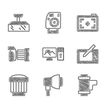 Foto rötuşlama, Softbox light, Camera rulo kartuşu, grafik tableti, fotoğraf lensi, kamera ve simgeyi ayarlayın. Vektör