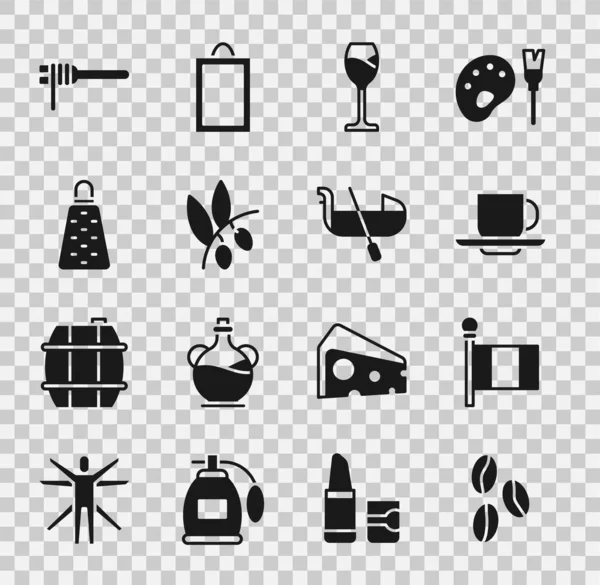 Set Coffee beans, Flag Italy, cup, Wine glass, Olives branch, Grater, Pasta spaghetti and Gondola icon. Vector — Stock Vector