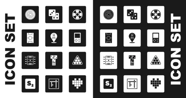 Set Casino-Chip, Schach, Hockeytisch, Checker-Spielchips, Tetris, Spielwürfel, Billardbälle Dreieck und Symbol. Vektor — Stockvektor