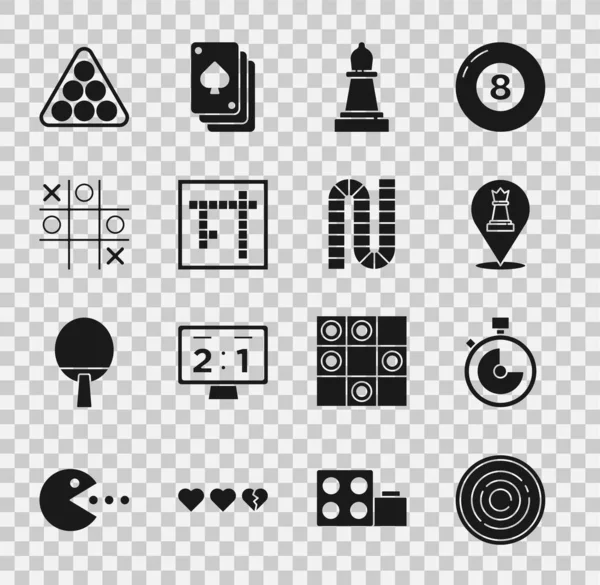 Checker oyun çipleri, Stopwatch, Chess, Bingo, Tic Tac toe, bilardo topları üçgeni ve tahta simgesi ayarla. Vektör — Stok Vektör