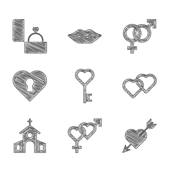 Nastavit klíč ve tvaru srdce, Pohlaví, Amor s šipkou, Dvě propojená srdce, Kostelní budova, klíčová dírka, a Diamond zásnubní prsten ikona. Vektor — Stockový vektor