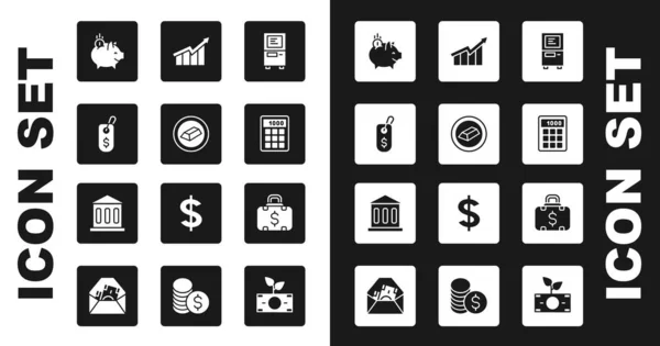 Set ATM, Goldbarren, Preisschild mit Dollar, Sparschwein-Münze, Taschenrechner, Erhöhung des Finanzwachstums, Aktentasche und Geld und Bankgebäude-Symbol. Vektor — Stockvektor