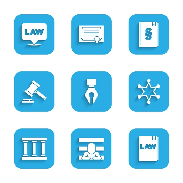 Set Füllfederfeder, Gefangener, Gesetzbuch, Hexagramm Sheriff, Fenster, Richtergabel und Location Law Icon. Vektor — Stockvektor