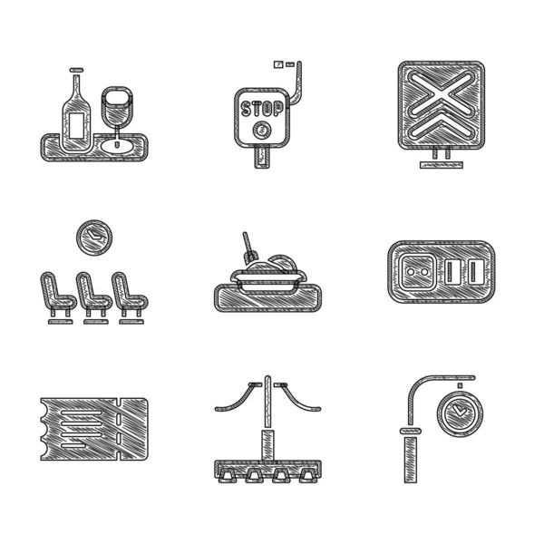 Teller mit Essen, Eisenbahn, Bahnhofsuhr, Steckdose, Fahrkarte, Wartezimmer, Bahnübergang und Weinflaschensymbol. Vektor — Stockvektor