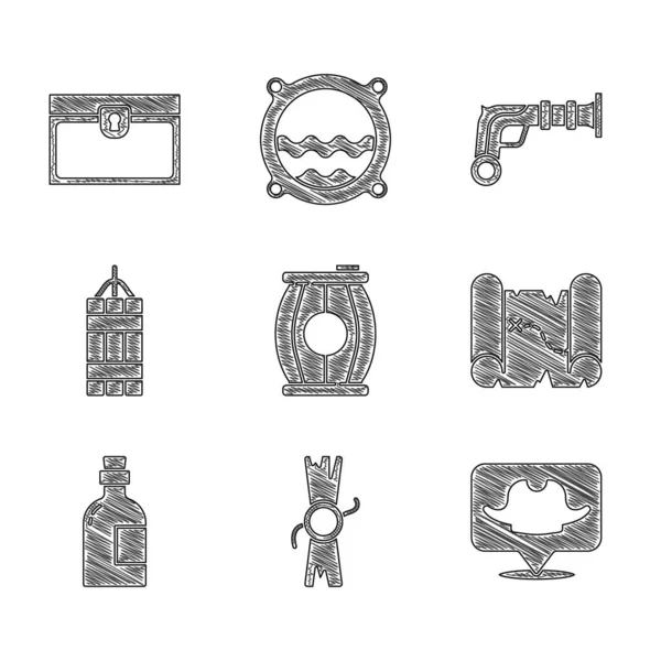 Set Gun powder barrel, Decreet, perkament, scroll, Locatie piraat, Piraten schatkaart, Alcohol drinken Rum, Dynamiet bom, Vintage pistolen en antieke borst pictogram. Vector — Stockvector