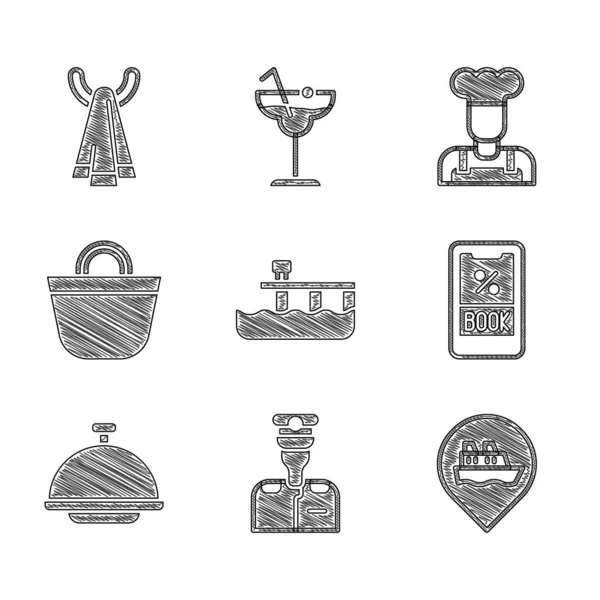 Definir cais de praia doca, Capitão do navio, Localização com cruzeiro, Bilhete de cruzeiro, Bandeja coberta, saco, Cook and Towel hanger icon. Vetor — Vetor de Stock